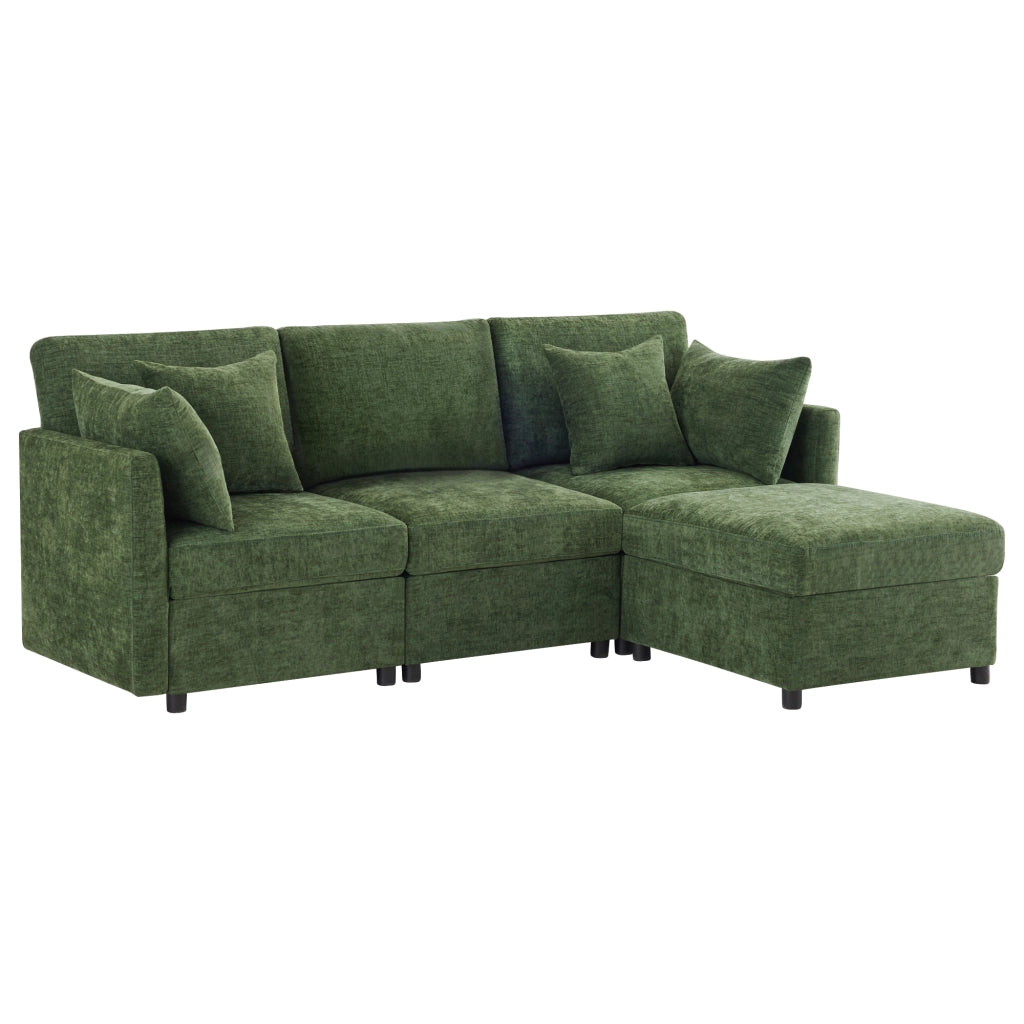 Divano Angolare Modulare 3 Posti con Poggiapiedi e Cuscini ¨C MINIMAL ¨C Verde, Tessuto Chenille