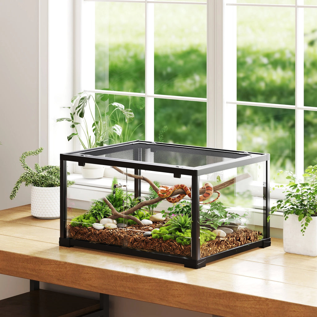 Terrario in Vetro per Rettili e Criceti 86 L con Ventilazione Superiore e Porta Scorrevole 50,8x30,5x35,6 cm Nero