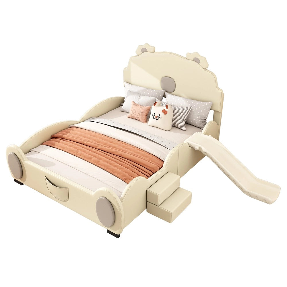 Letto per bambini con scivolo e scala ¨C Minimal ¨C Beige PU 140x200cm