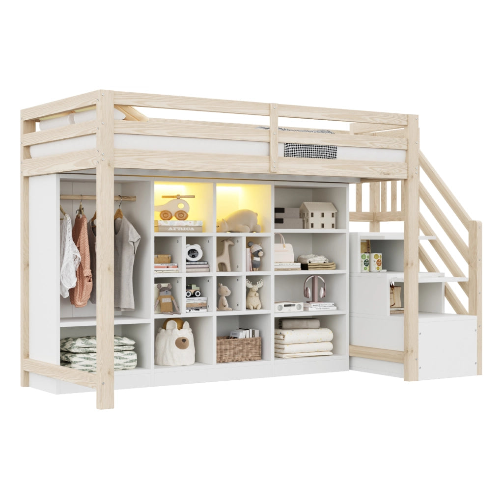 Letto a soppalco 90×200 cm con armadio, ripiani, scala contenitore e LED