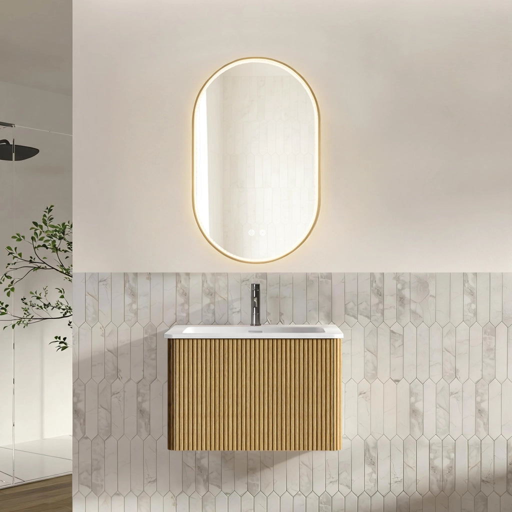 Set mobile bagno sospeso con lavabo integrato e specchio LED ovale