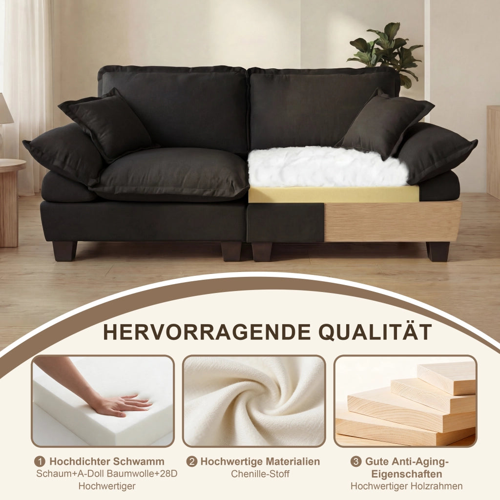 Divano panoramico a U modulare con pouf rimovibile e cuscini in chenille nero