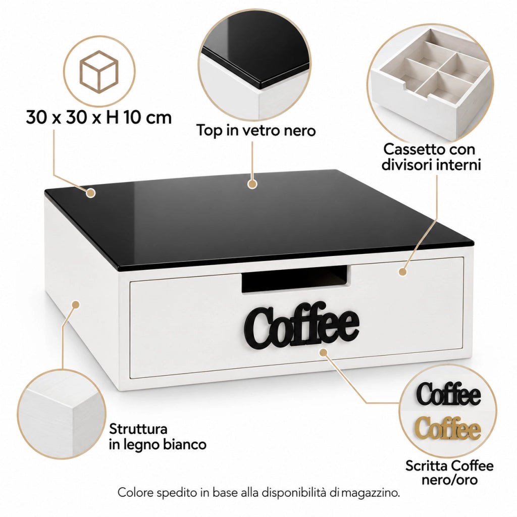 ORGANIZER CAFFE CAPSULE CIALDE CASSETTO DIVISORI TOP VETRO NERO 30X30 H10 746040