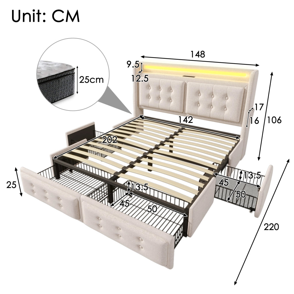 Letto Contenitore 140x200 cm; LED; USB e Type-C; 4 Cassetti; in Cotone e Metallo; Beige