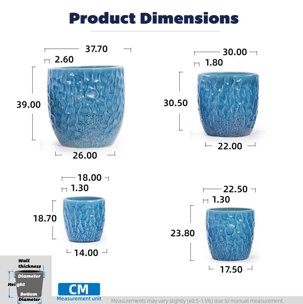 Set di 4 Vasi in Ceramica fatti a Mano, Blu Lucido con Rilievo a Martellatura, Ø38/30/22,5/18 cm, con Foro di Drenaggio, Resistente al Gelo per Interni e Giardino