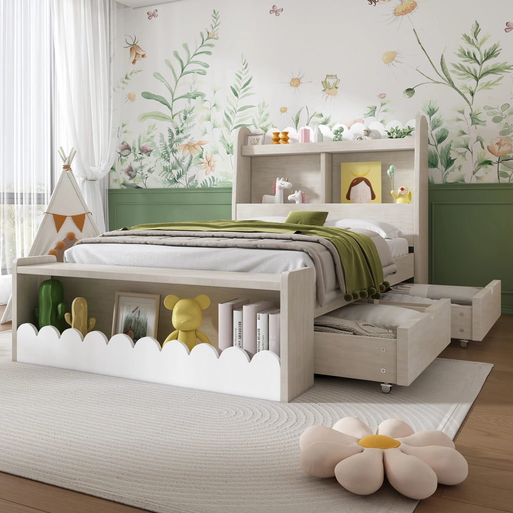 Letto singolo per bambini 90x190 cm con due cassetti e mensole