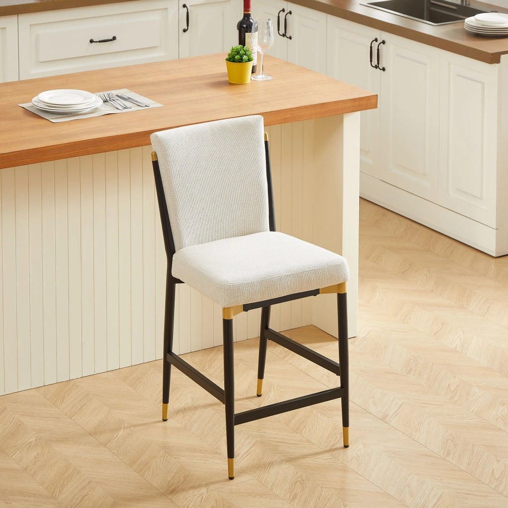 Set di 2 sgabelli da bar in stile scandinavo con poggiapiedi rettangolare, seduta in tessuto beige e struttura metallica