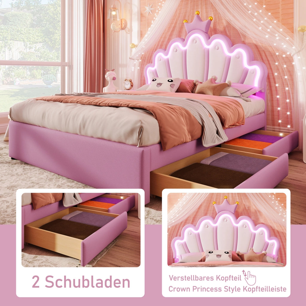 Letto principessa 140 x 200 cm in PU, luce ambiente con telecomando, 2 cassetti, testiera regolabile, senza materasso - Rosa
