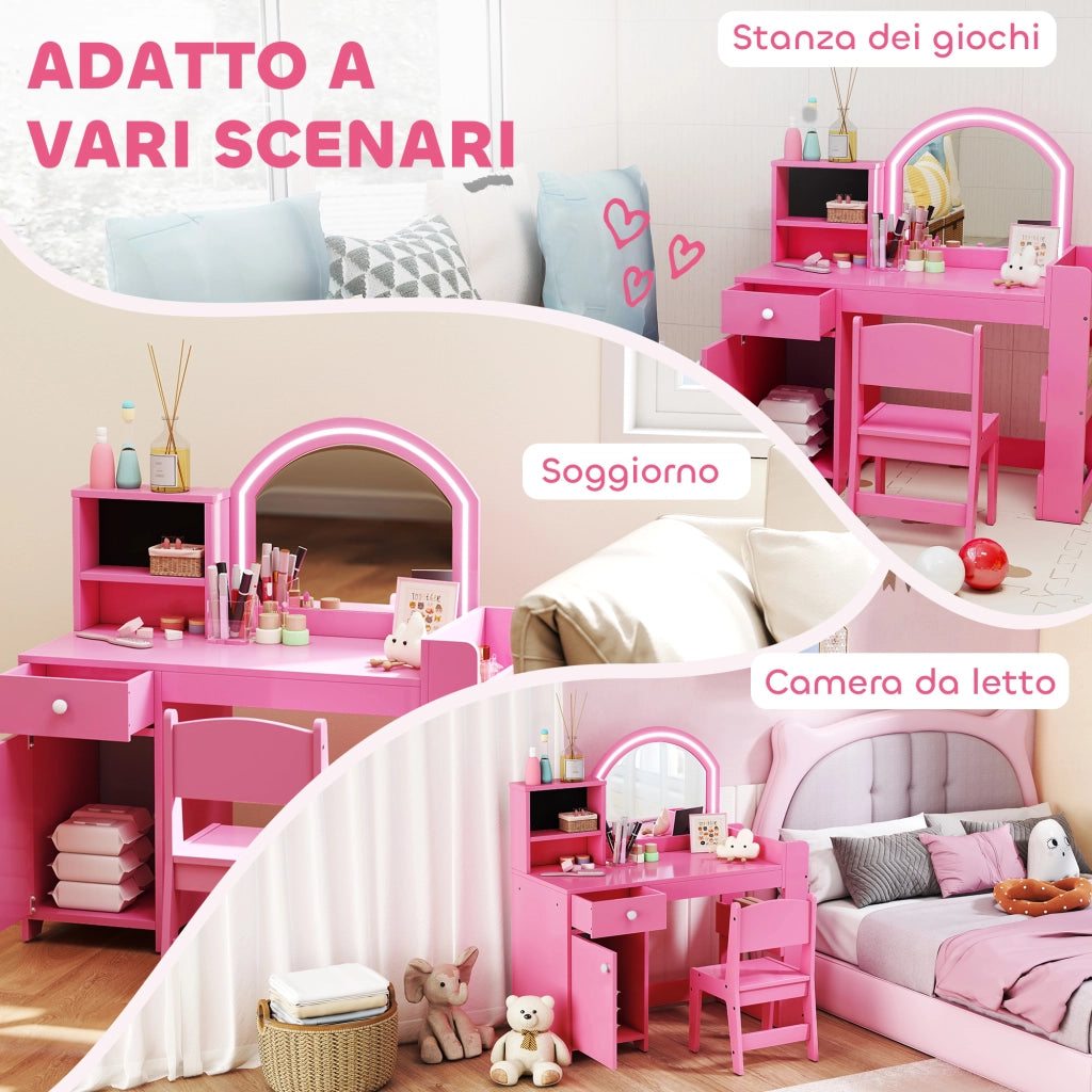 Set trucco e toeletta bambini con specchio, sedia, luce LED, scaffali e libreria ¨C zephmum ¨C rosa
