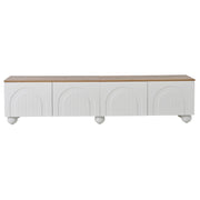 Mobile TV 180x40x45 cm con 4 ante, gambe metalliche a sfera, MDF bianco e legno, supporto per TV fino a 80 pollici