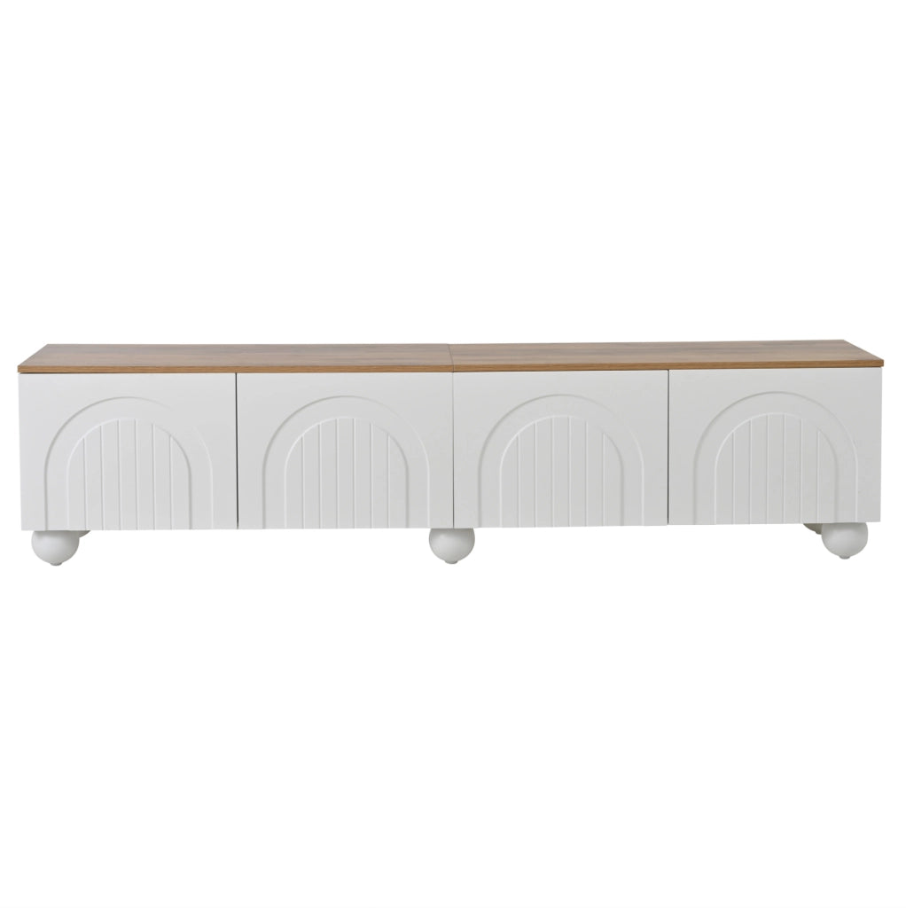 Mobile TV 180x40x45 cm con 4 ante, gambe metalliche a sfera, MDF bianco e legno, supporto per TV fino a 80 pollici