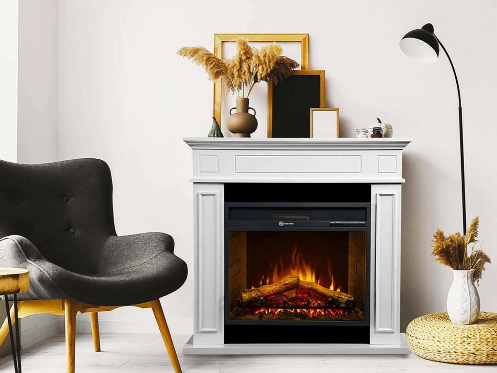 Camino elettrico Airola, Stufa elettrica, Focolare elettrico a parete, Caminetto moderno, Made in Italy, 90x28 h91 cm, Bianco