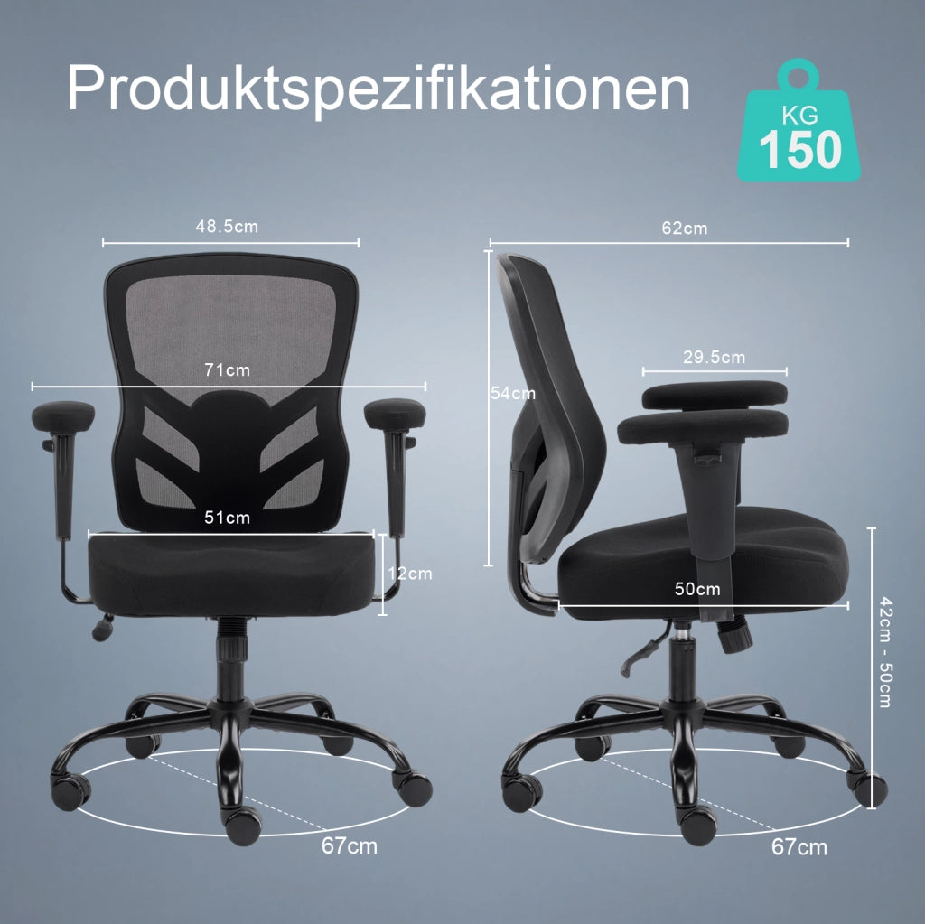 Sedia da ufficio nera ergonomica con supporto lombare regolabile e braccioli 2D