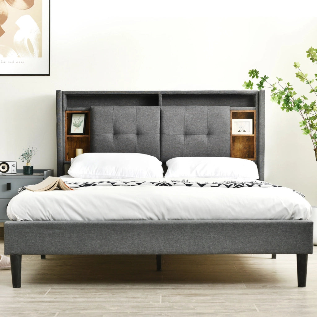 Letto imbottito 140x200 cm con contenitore; LED; USB e prese; grigio