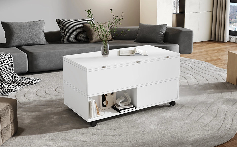 TAVOLINO Alzabile 100x50x52 cm Bianco con Ruote e 4 Cassetti