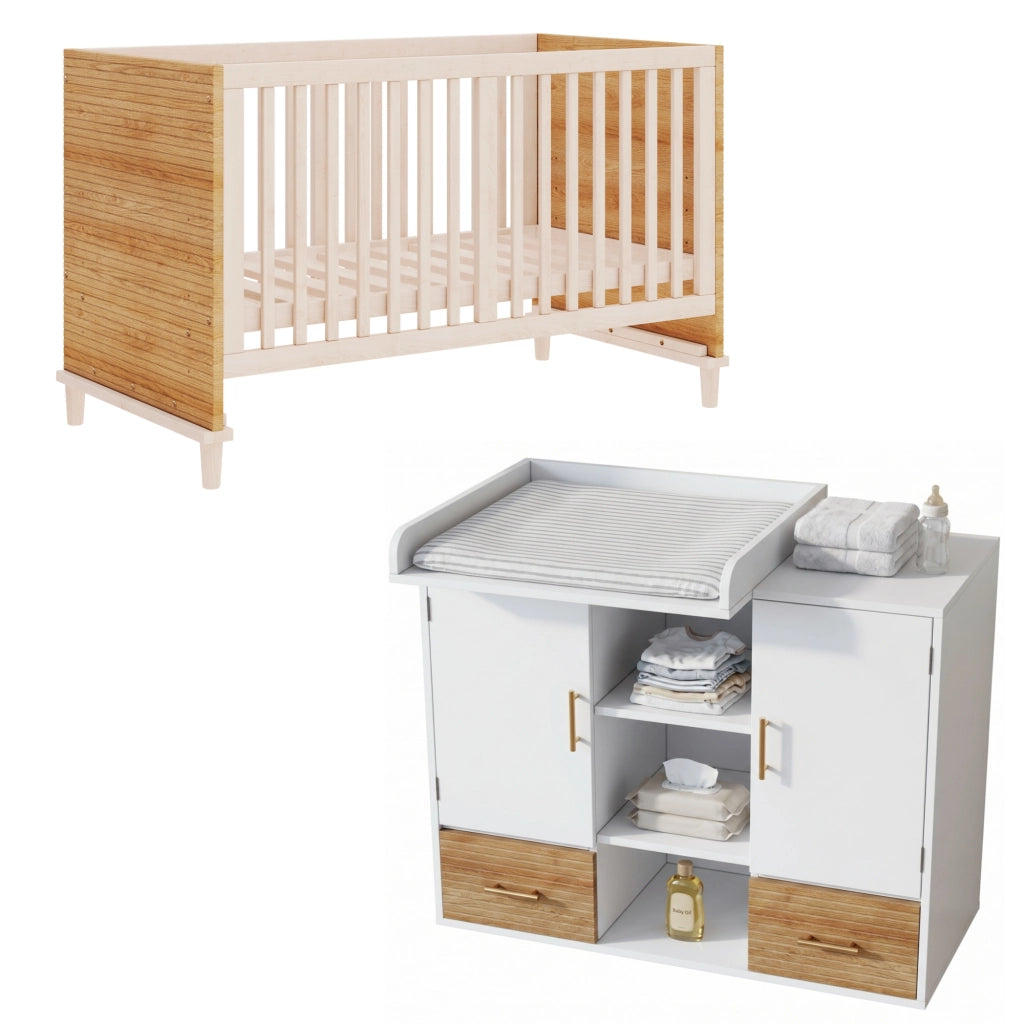 Camera completa con fasciatoio e letto con sbarre in legno massello e MDF bianco