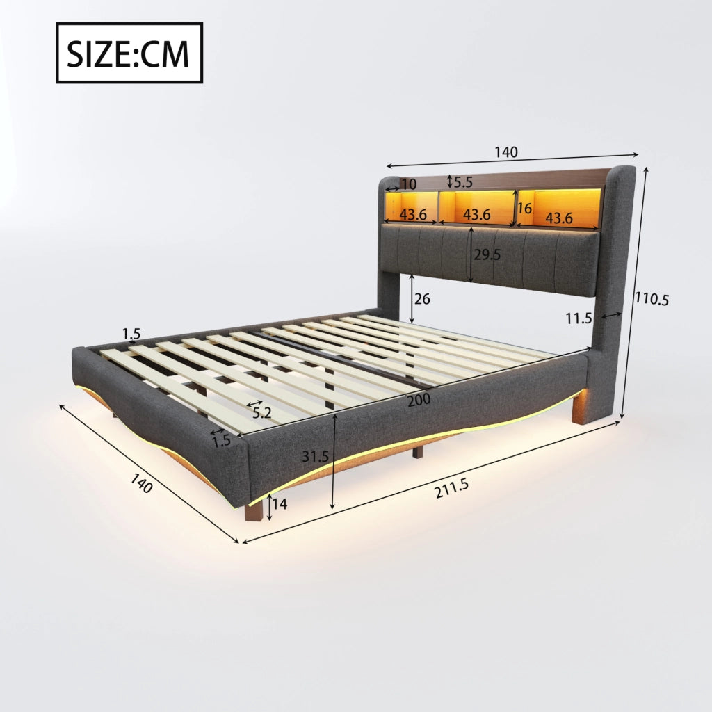 Letto imbottito sospeso 140x200 con LED, USB, Type-C e vano testiera