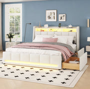 Letto contenitore 140x200 cm con LED; USB e 2 cassetti; lino e MDF beige