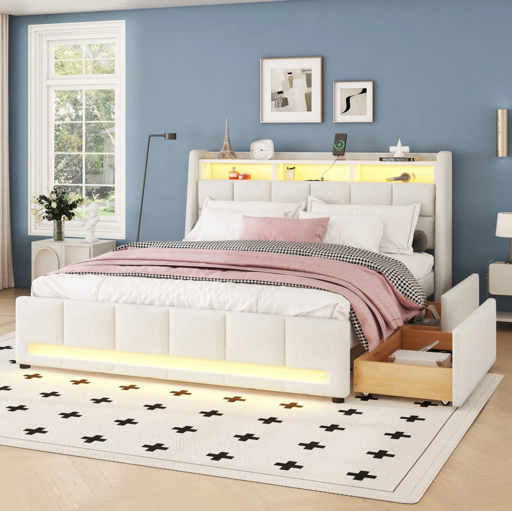 Letto contenitore 140x200 cm con LED; USB e 2 cassetti; lino e MDF beige