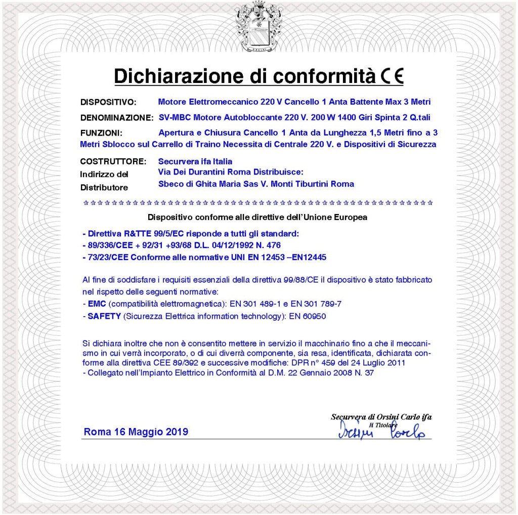 Cancello Automatico Anta 3 Metri Motoriduttore Elettromeccanico 220 V Corsa 500 mm Chiave Sblocco Ricambio Originale Securvera Finecorsa Meccanici Kit Staffe Bulloni Condensatore 16 µF 400V Misure 1010X88X88 mm Compatibile BTF Came Proteco
