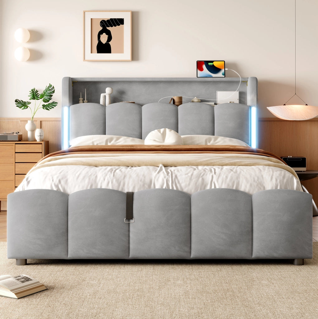 Letto imbottito in velluto grigio 140 x 200 cm con LED, vano contenitore e porte USB