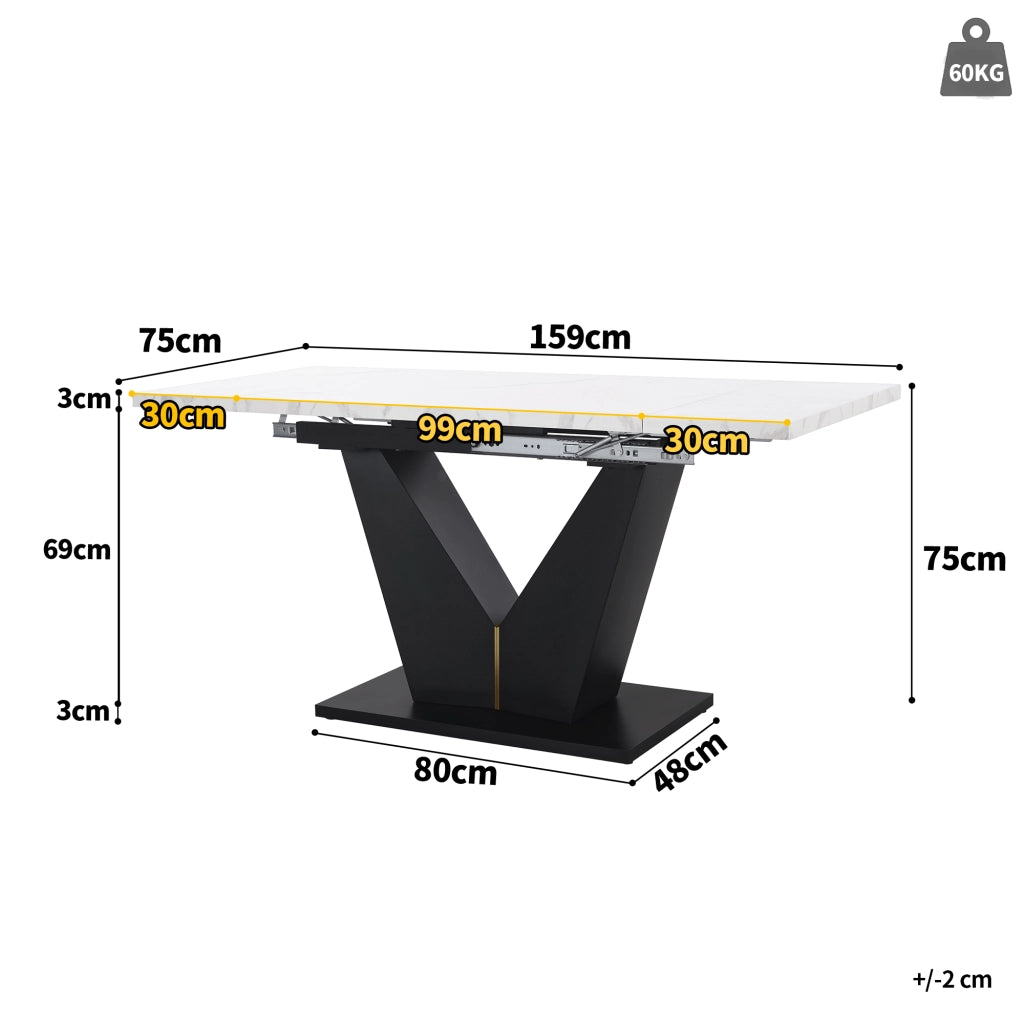 Tavolo da pranzo allungabile 99-159x75x75 cm, piano in MDF effetto marmo, bianco e nero, struttura in metallo