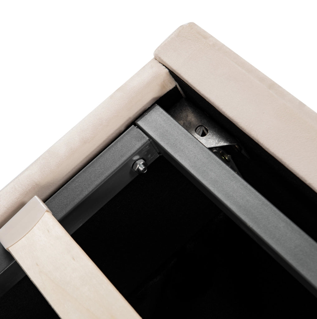Letto imbottito in velluto beige con contenitore e testiera regolabile