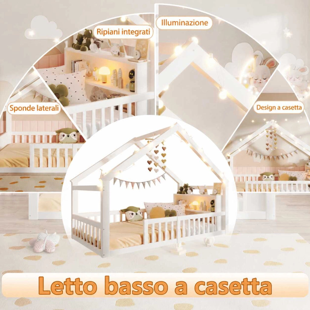 Letto a casetta 90x190 cm bianco in pino con sponde; ripiani e luci LED