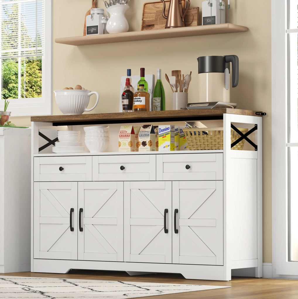 Credenza buffet 140x35x95 cm con 3 cassetti e 2 ante in MDF marrone e bianco