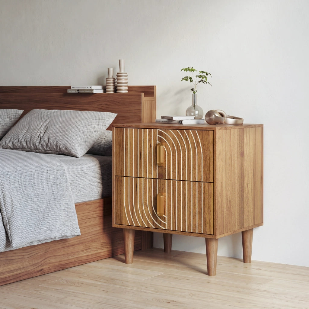 Comodino con 2 cassetti in MDF color noce e gambe in legno HAVRYA