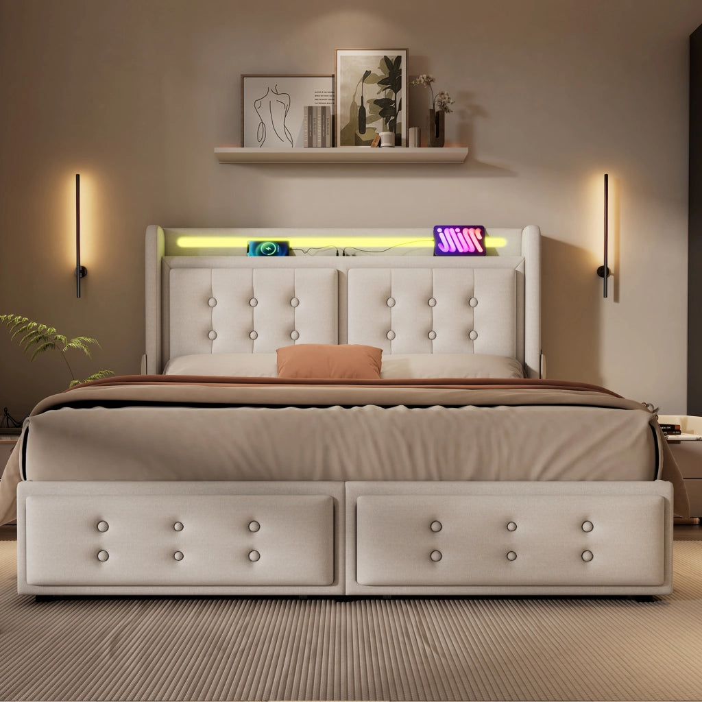 Letto 180x200 cm con LED, USB-C, 4 cassetti e rivestimento beige in cotone-lino