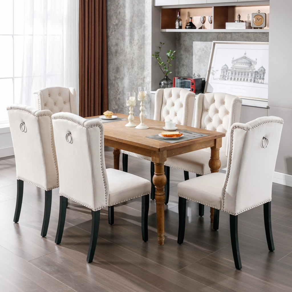 Sedie da Pranzo in Velluto con Gambe in Legno ¨C MINIMAL ¨C Set 6 Pezzi, Beige