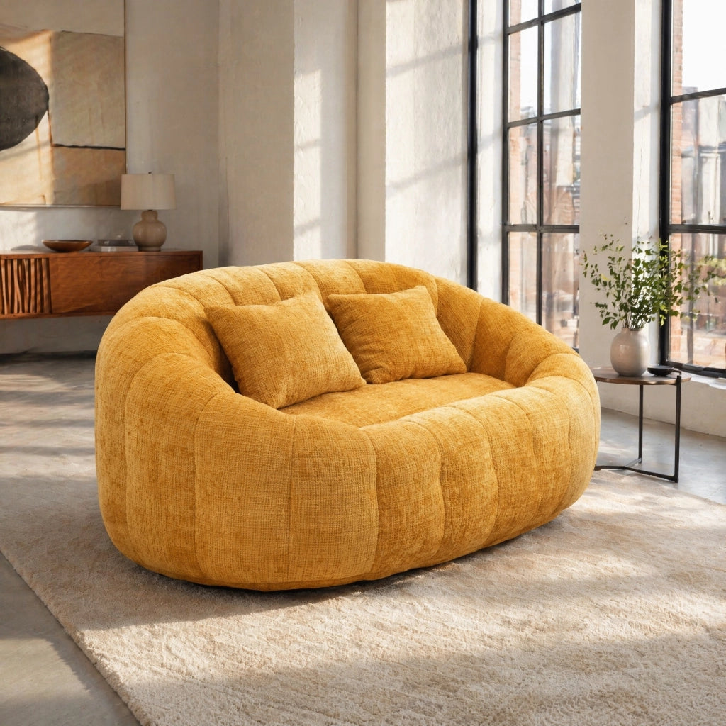 Poltrona pouf con braccioli e memory foam per soggiorno e camera in ciniglia gialla
