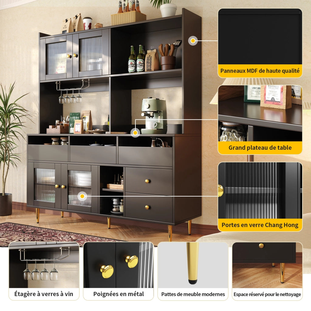 Credenza con ante in vetro Changhong portabottiglie vani aperti e maniglie in metallo MDF nero 145 × 39 × 171 cm