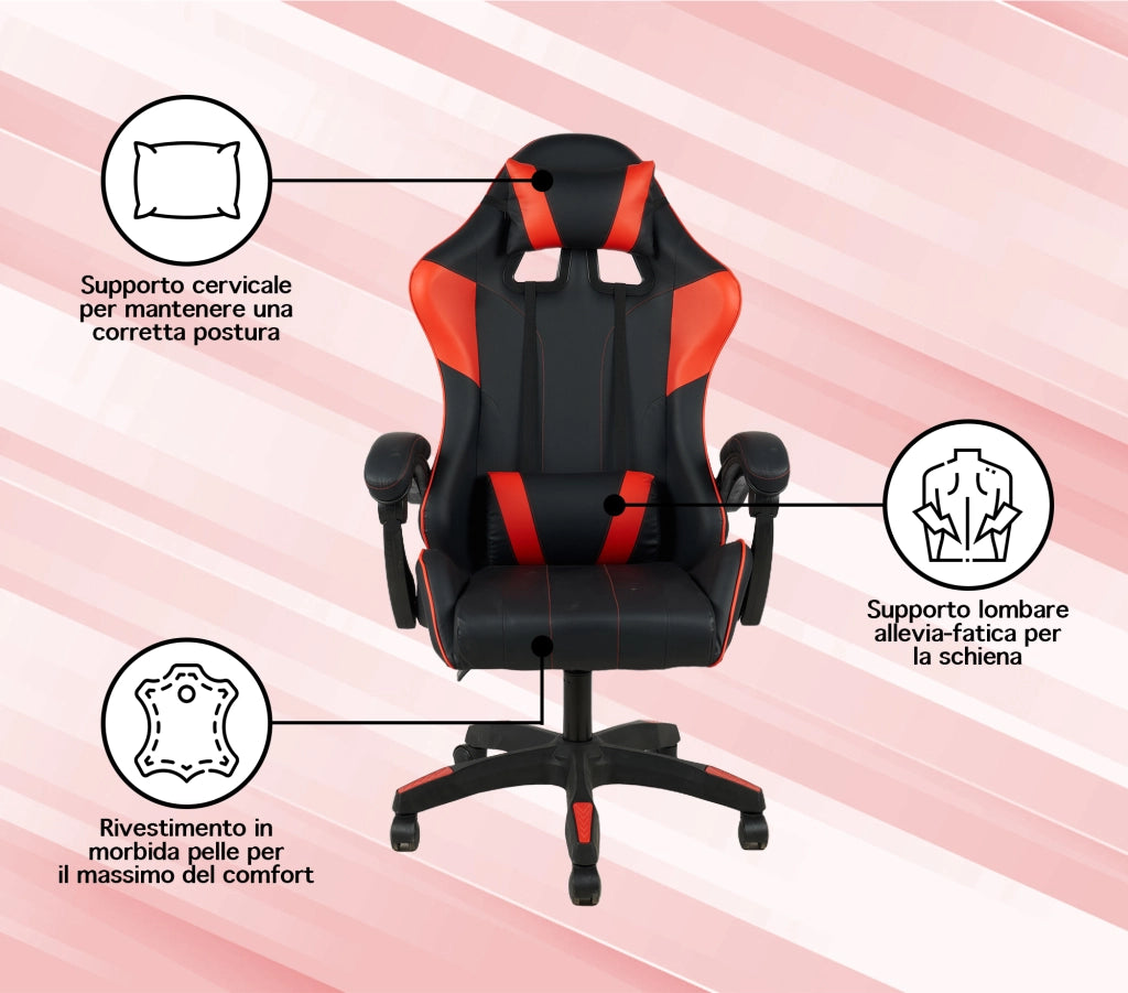 Sedia Gaming Professionale SimilPelle Reclinabile Con Braccioli Poltrona Ufficio Regolabile in Altezza Pistone Gas,Cuscino Poggiatesta E Lombare Gamer - Rosso