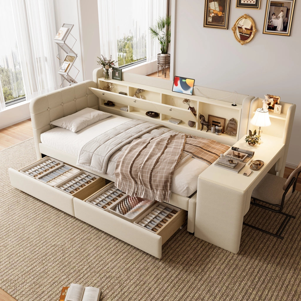 Letto singolo 90 × 200 cm con scrivania cassetti USB e Type-C in tessuto di canapa e MDF beige
