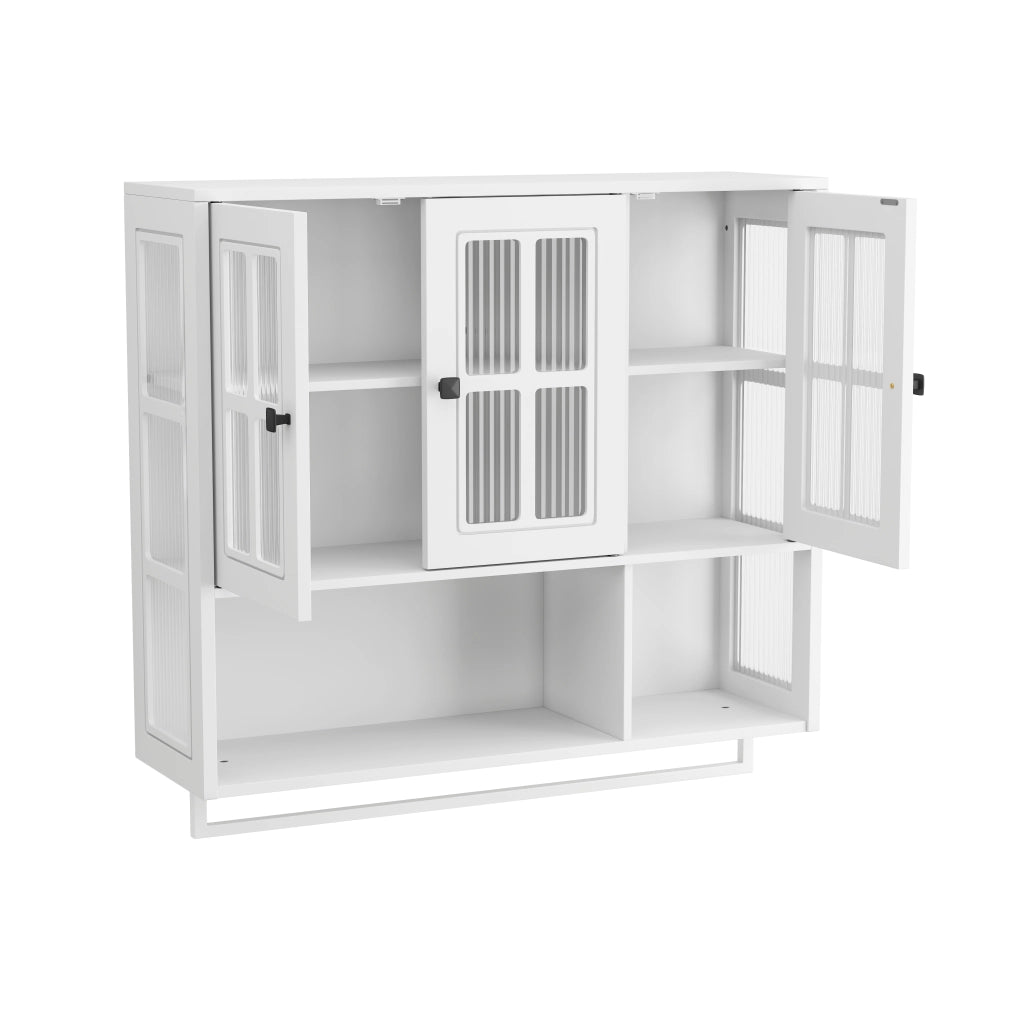 Pensile da bagno con 3 ante; 1 vano a giorno e portasciugamani; per bagno; in MDF e vetro; 88 × 26 × 82.5 cm; bianco