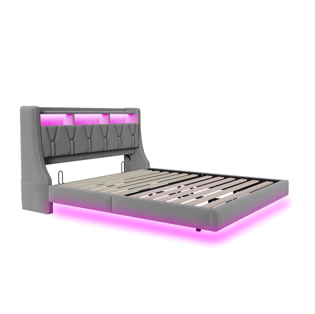 Letto imbottito 180x200 cm con testiera pieghevole, LED, USB e USB-C in velluto grigio