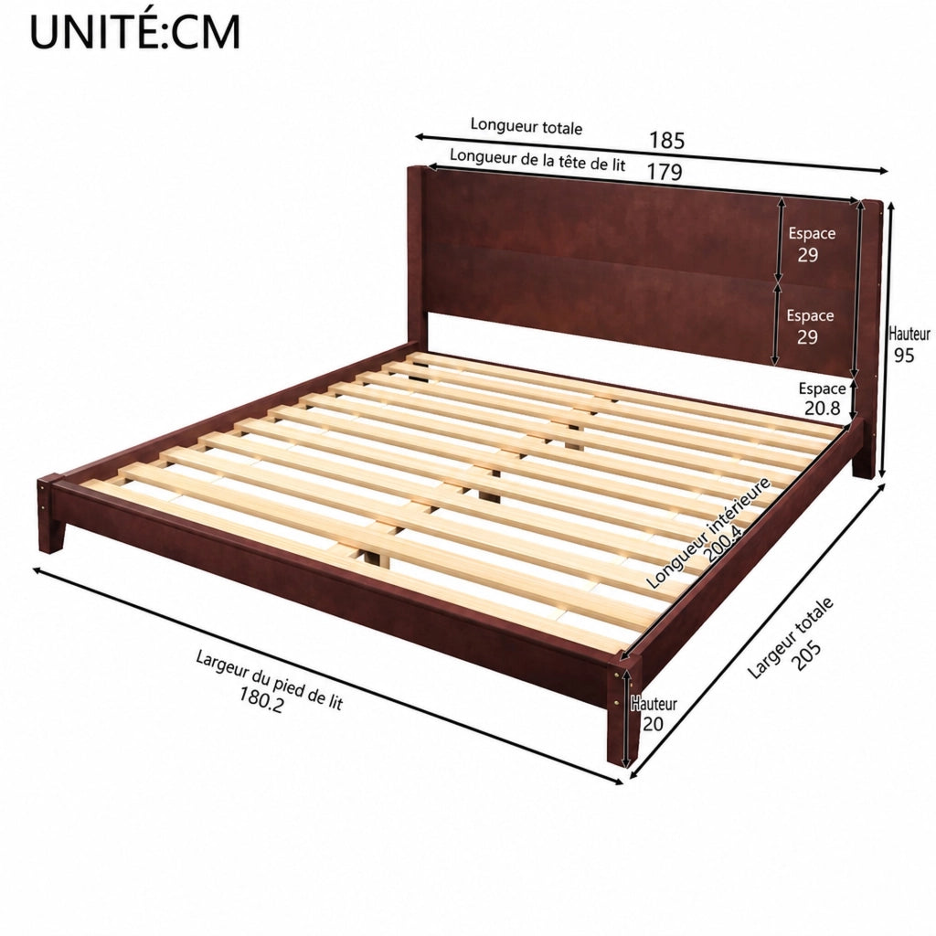 Letto matrimoniale a piattaforma 180 × 200 cm con testiera e rete a doghe marrone in MDF