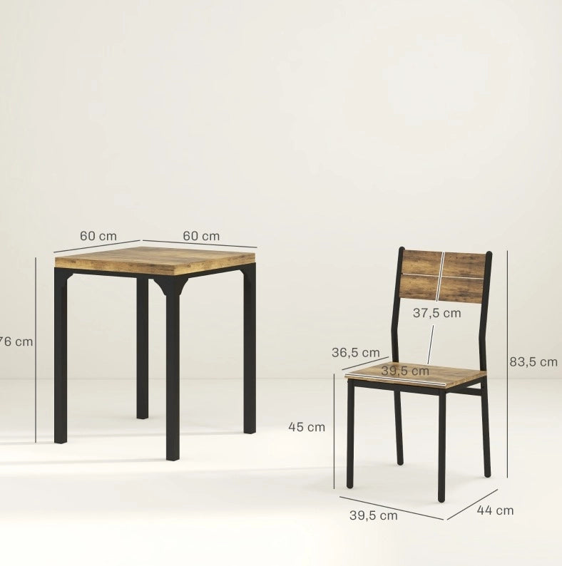 Set pranzo 3 pezzi marrone rustico con 1 tavolo e 2 sedie in MDF e metallo