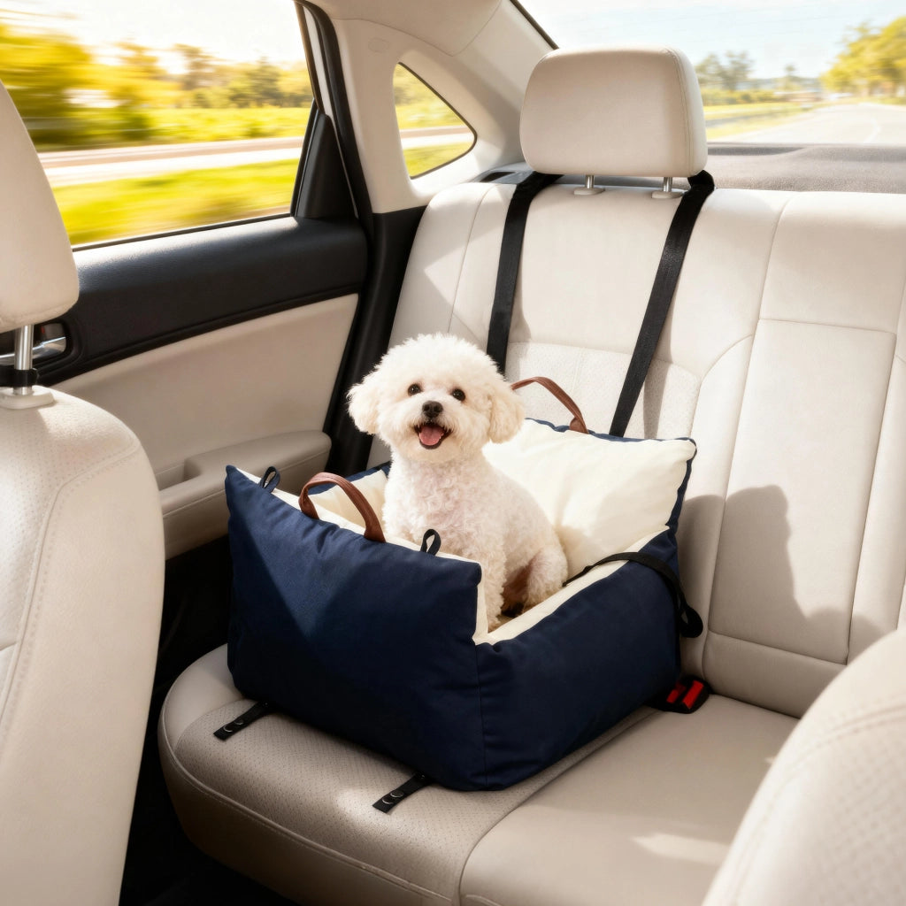 Seggiolino auto per cani fino a 5 kg con 2 cinture di sicurezza, cuscino viaggio animali con fodera lavabile, pratico e confortevole, blu