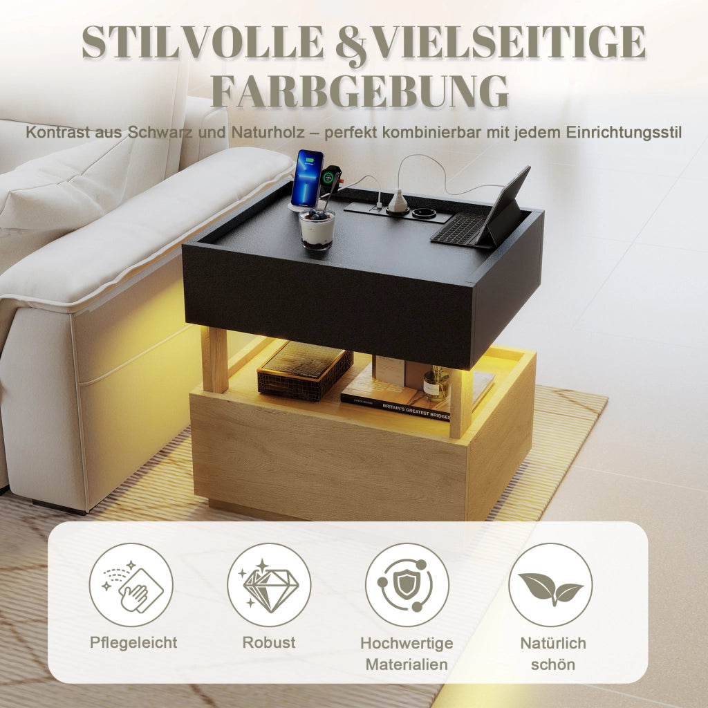 Comodino con ricarica wireless, LED e due cassetti, finitura legno e nero per camera da letto 50 × 40 × 50 cm