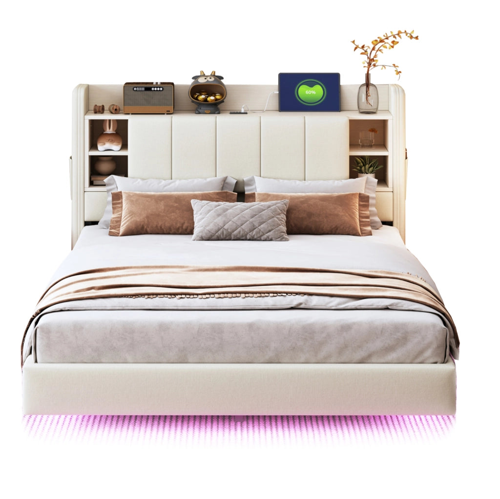 Letto imbottito 140x200 cm con LED e USB; testiera con vani e ripiani; tessuto beige