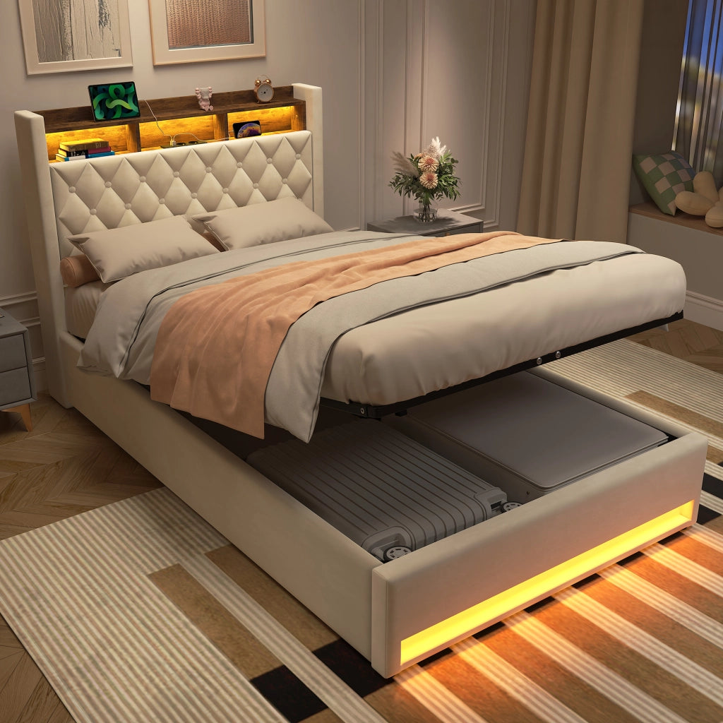 LETTO Imbottito 140 x 200 cm in Velluto Beige con Base a Doghe