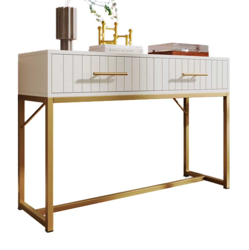 Schminktisch Weiß mit 2 Schubladen, 75 cm Höhe, 100x45 cm, Metallfuß und Spanplatte