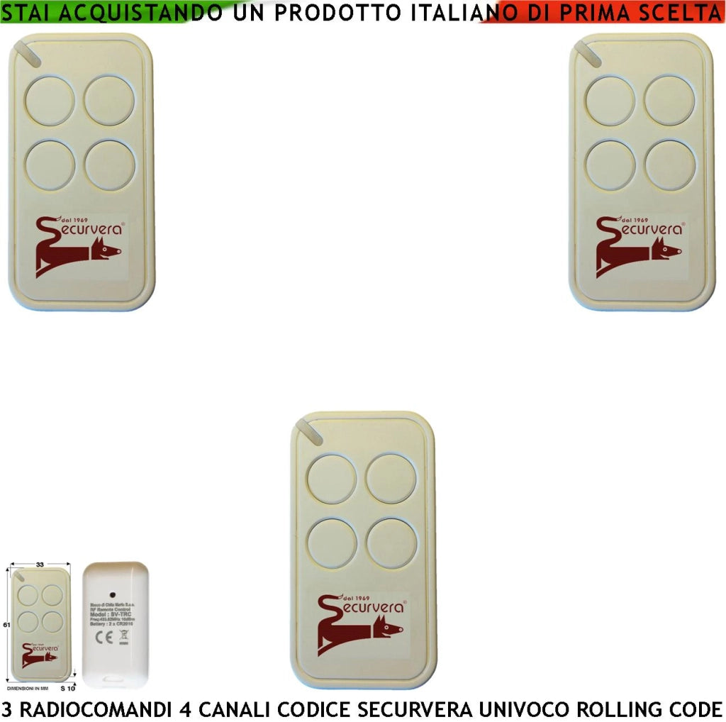 Radiocomando 3 Telecomandi Frequenza di Trasmissione 433,92 MHz 4 canali Potenza 1 mW Una Codifica di Sicurezza Univoca Securvera Led Segnalazione Funzione