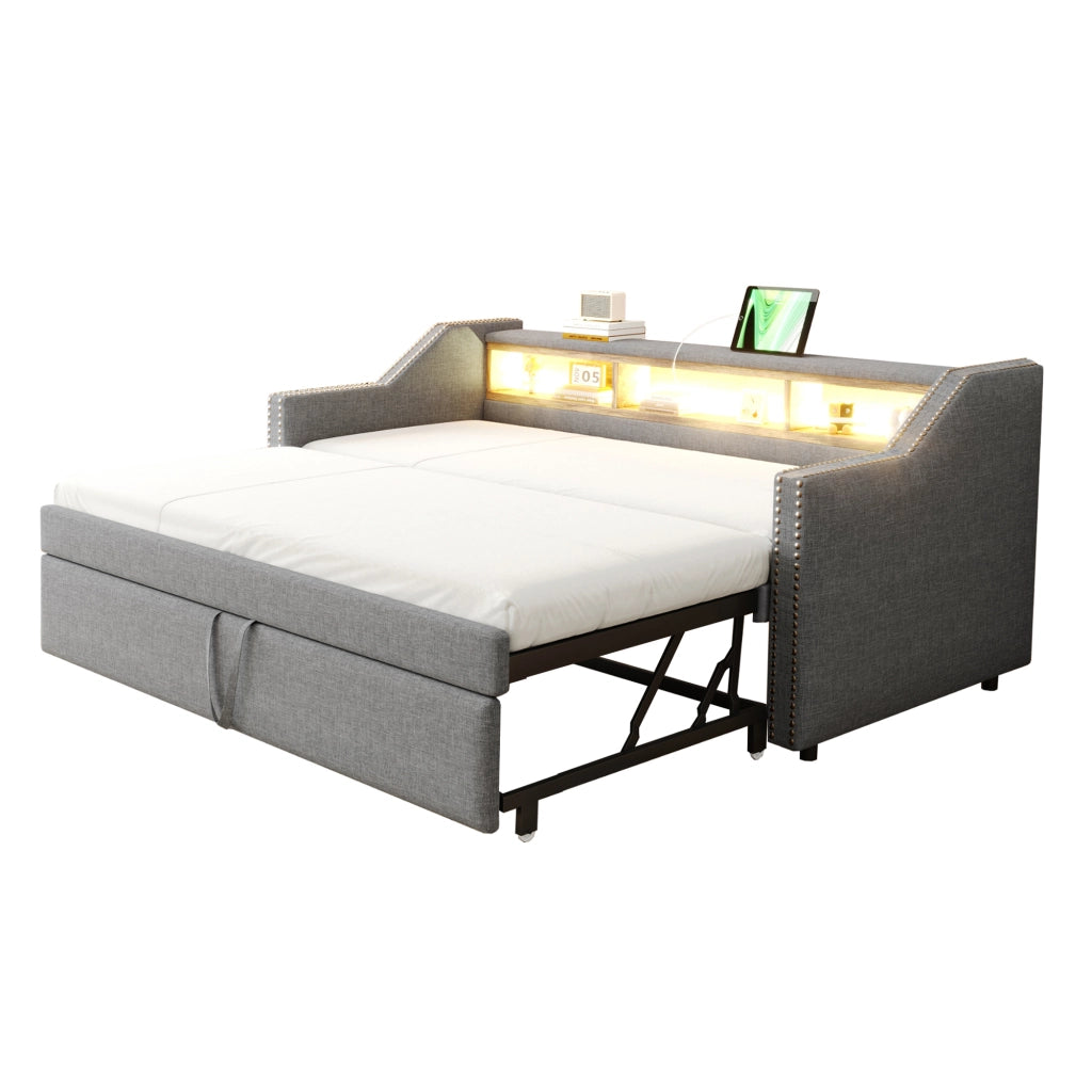 Divano letto imbottito estraibile 90 × 190 cm con rete a doghe LED USB grigio chiaro