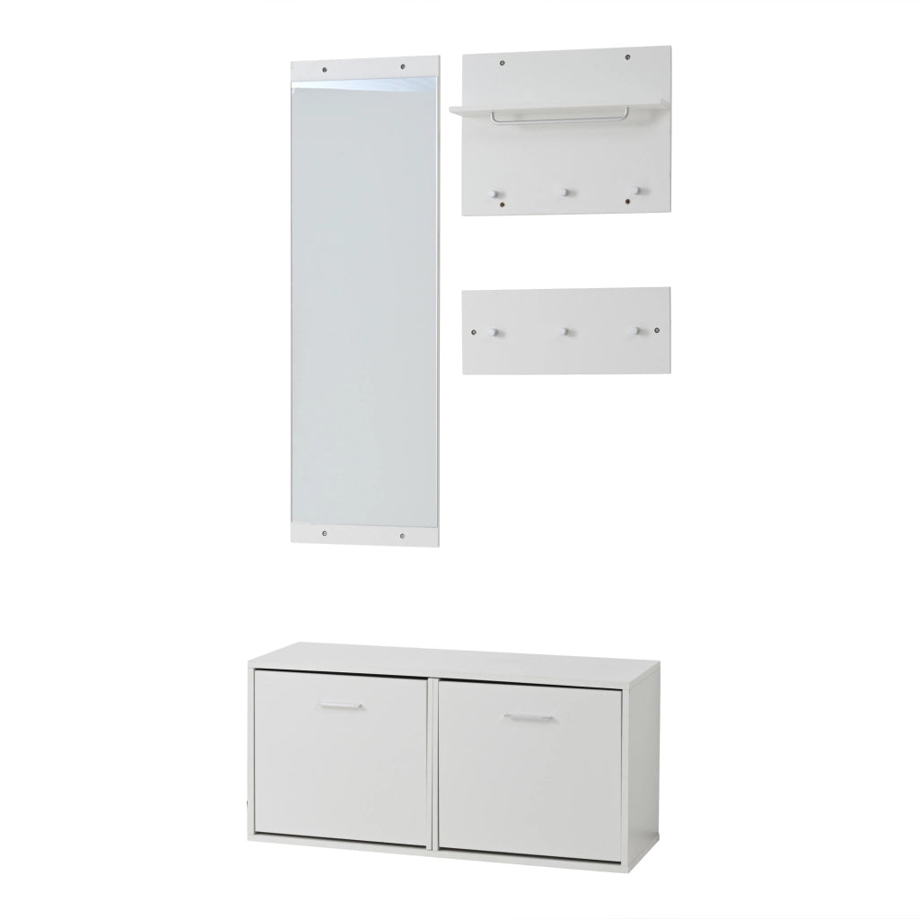 Mobile da ingresso con specchio, 6 ganci e scarpiera a 4 ripiani per ingresso e corridoio, bianco, 90 × 30 × 41.5 cm