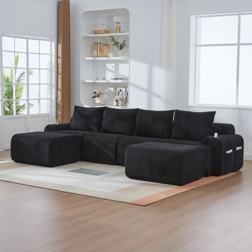 Divano modulare 4 posti con portabicchieri e tasca laterale 333x174x80 cm; corduroy nero