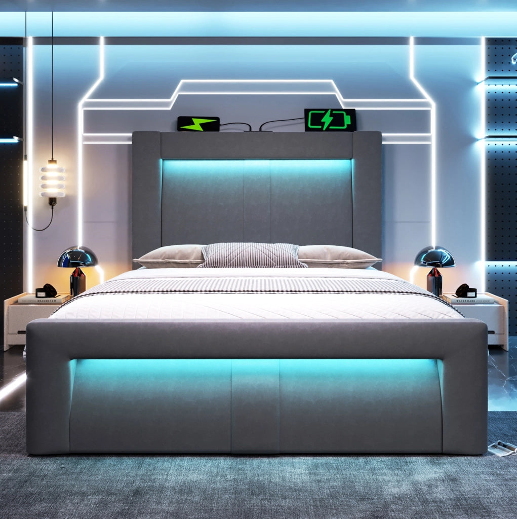 Letto singolo contenitore 90 × 200 cm con LED; USB e Type-C; velluto grigio
